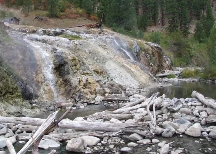 Bonneville Hot Springs hot creek and natural soaking pools in forested canyon near Lowman Idaho
