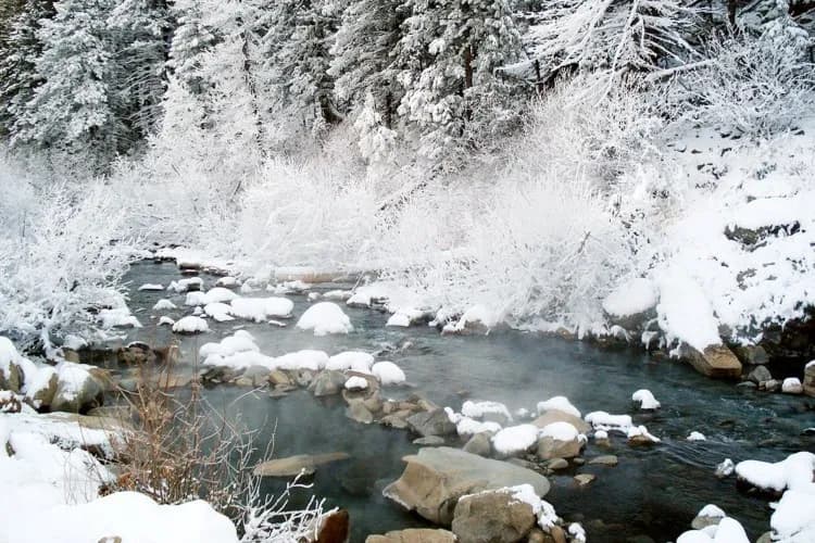 Frenchmans Bend Hot Springs soaking pools along Warm Springs Creek canyon near Ketchum Sun Valley Idaho