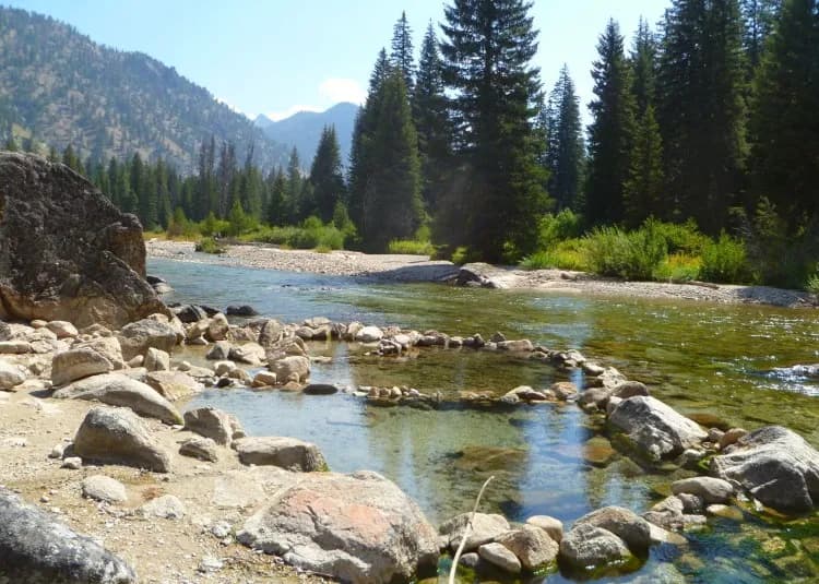 Sacajawea Hot Springs natural pools along Warm Springs Creek near Grandjean Idaho in Sawtooth Wilderness