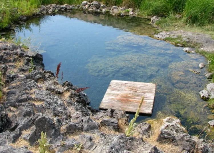 Wild Rose Hot Springs resort soaking pools with landscaped grounds near Carey Idaho
